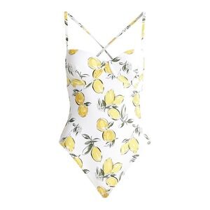 LEMON ASSEMBLY Women Lemon Print Halter Neck One Piece Swimsuit Size L NWT
